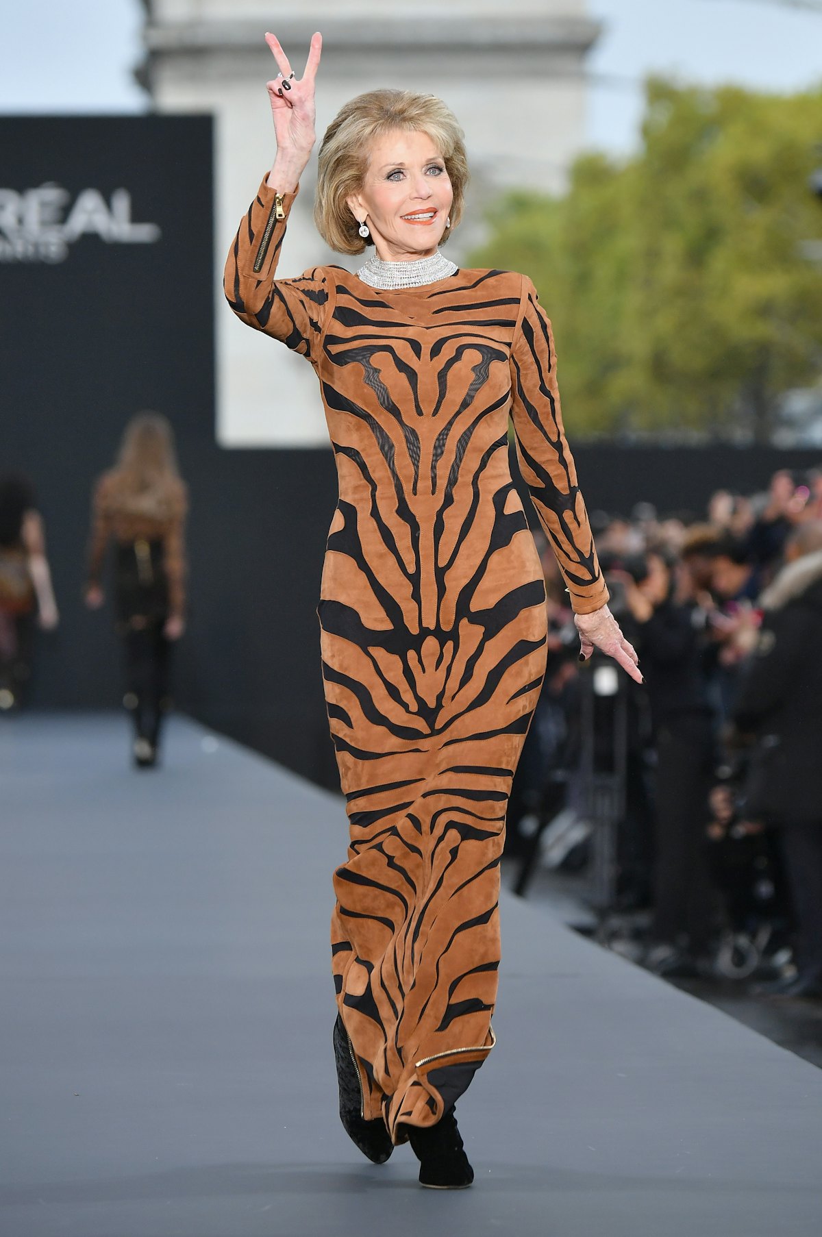 Jane Fonda walks the runway during the Le Defile L'Oreal Paris show as part of the Paris Fashion Wee...